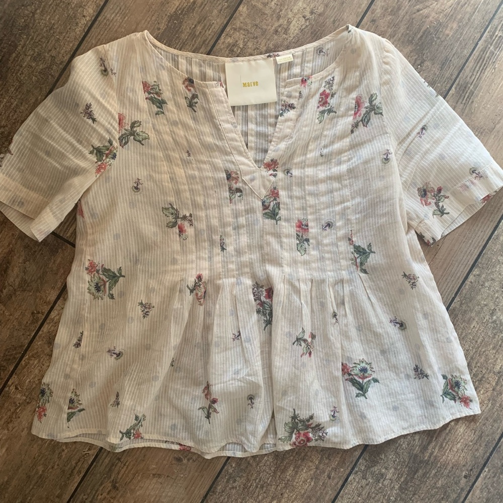 Maeve Orchid Island size 4 cream floral ribbed blouse